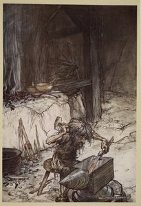 アンビルでのMime、「ジークフリートと神々の黄昏」のイラスト、1924 作： Arthur Rackham